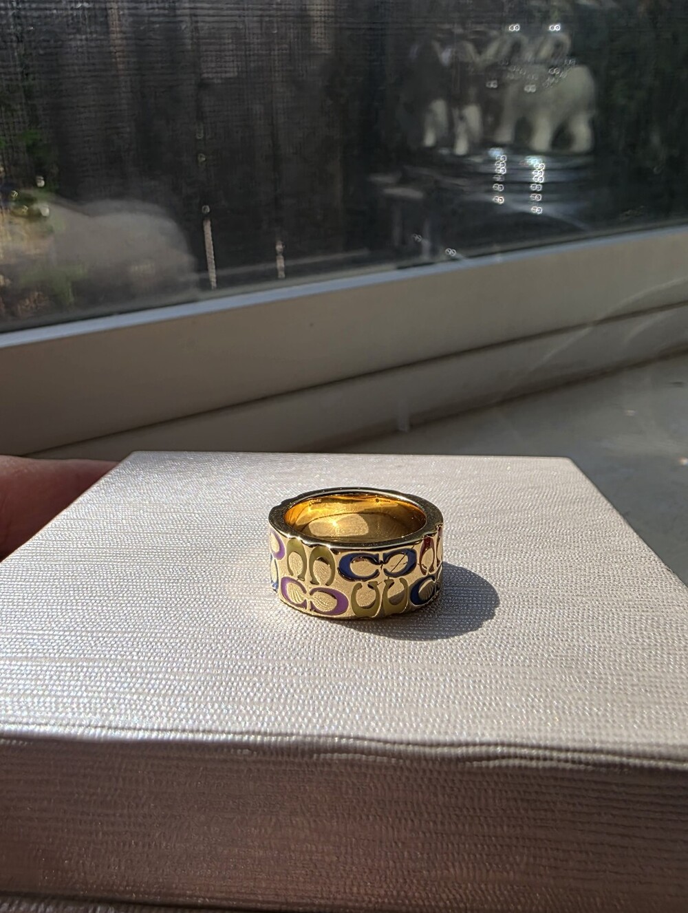 Coach Gold Ring with Green, Blue & Lavender Enamel C Motif Size 7 - Picture 5 of 6
